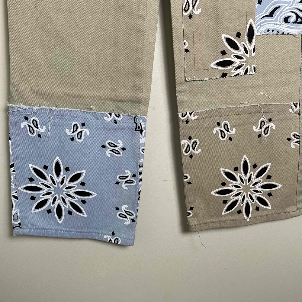 New Boohoo Women's Patchwork Boho‎ Bandana Khaki Denim Pants - Picture 4 of 9